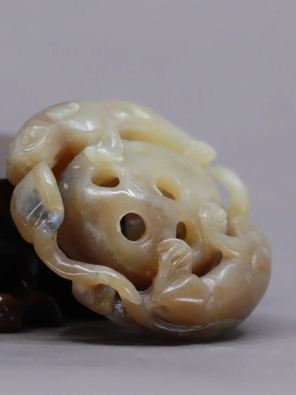 Openwork Chinese Brown Sugar Hetian Jade Pendant w Foo Dog & Ball